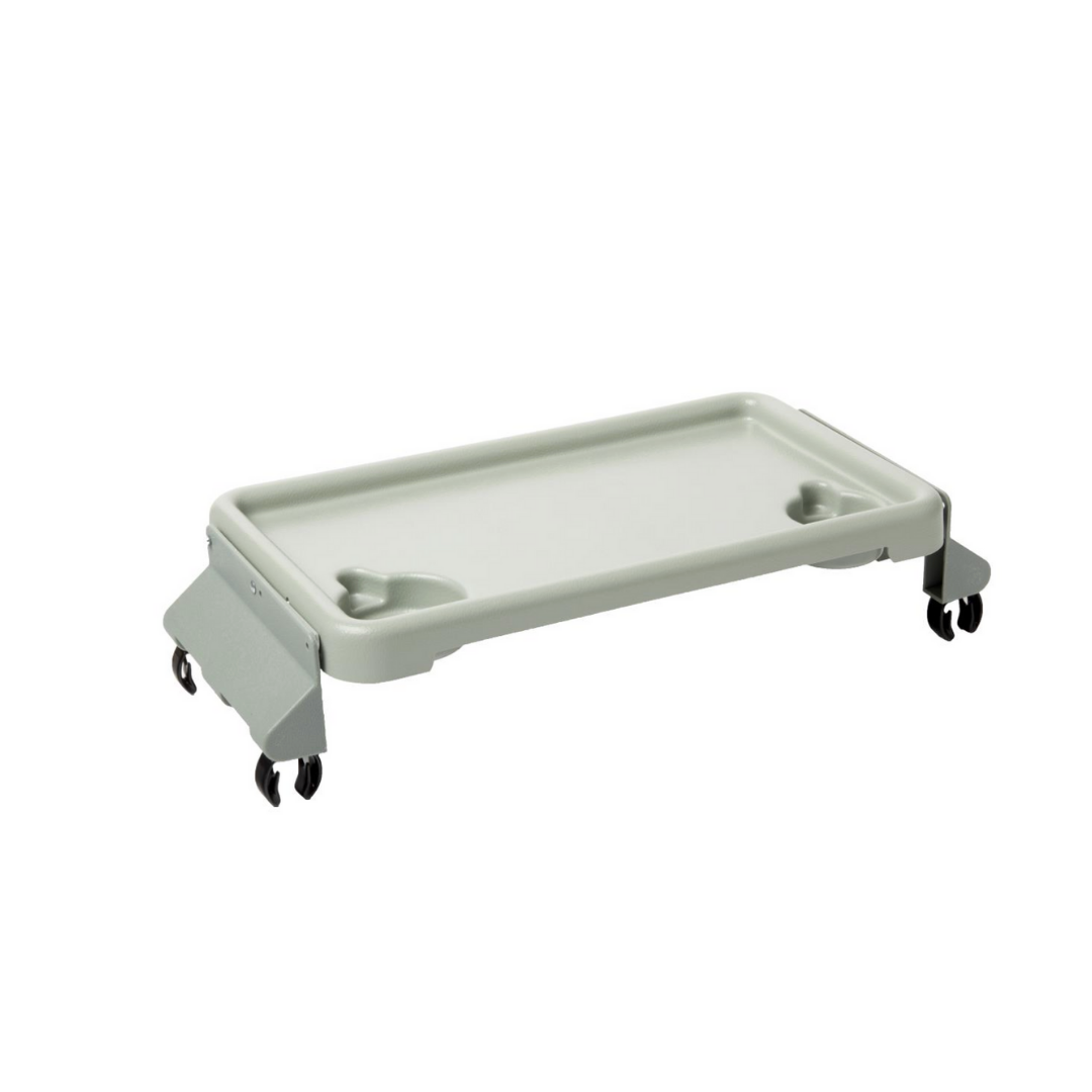 The Medline Folding Tray For Bariatric Walkers is a light gray, low rectangular rolling tray with four black caster wheels and two built-in cup holder slots—an ideal practical accessory for your walker.